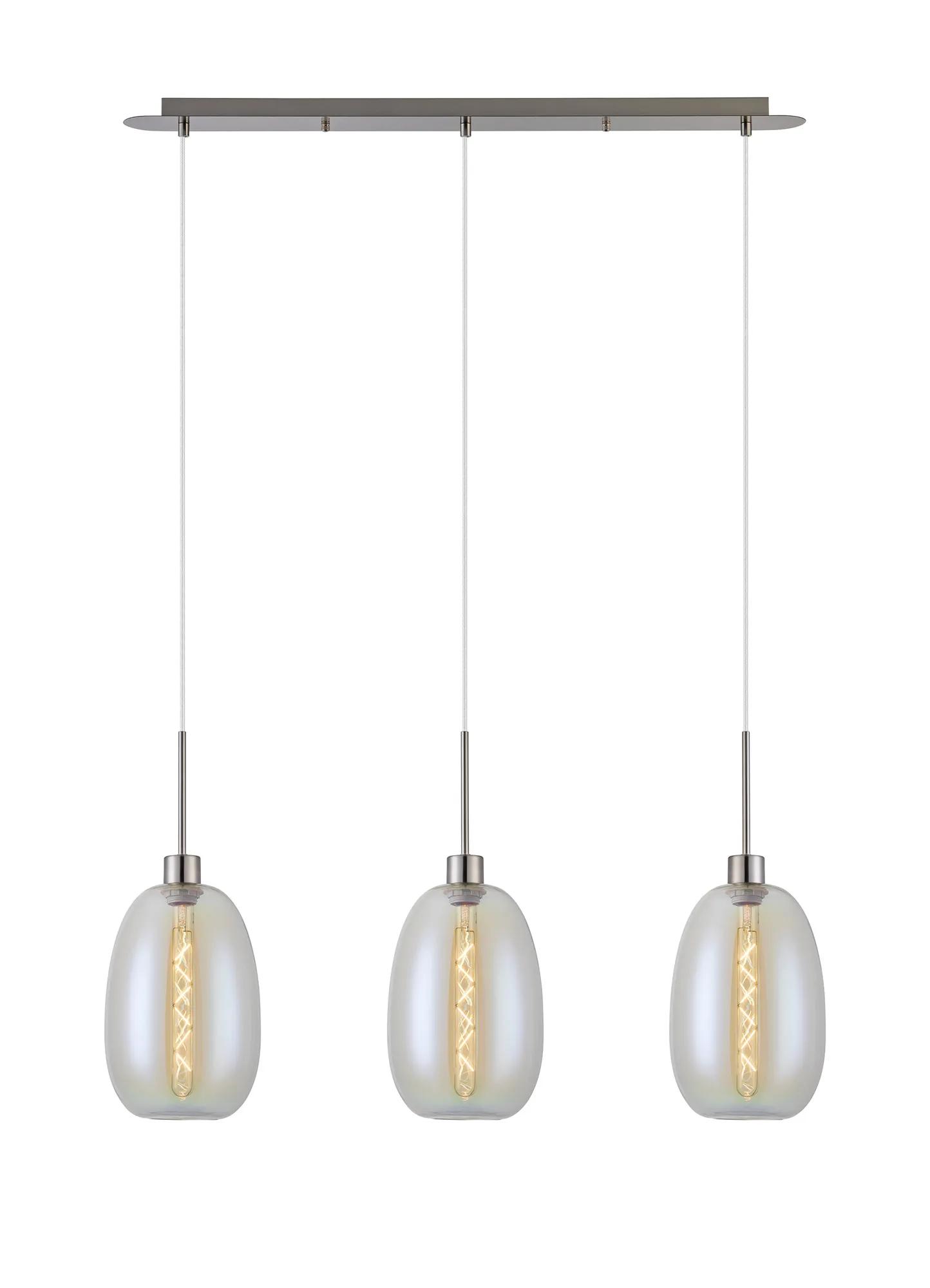 DK1390  Lori Linear Pendant, 3 Light Adjustable E27, Satin Nickel/Iridescent Slim Curved Trapezium Shades